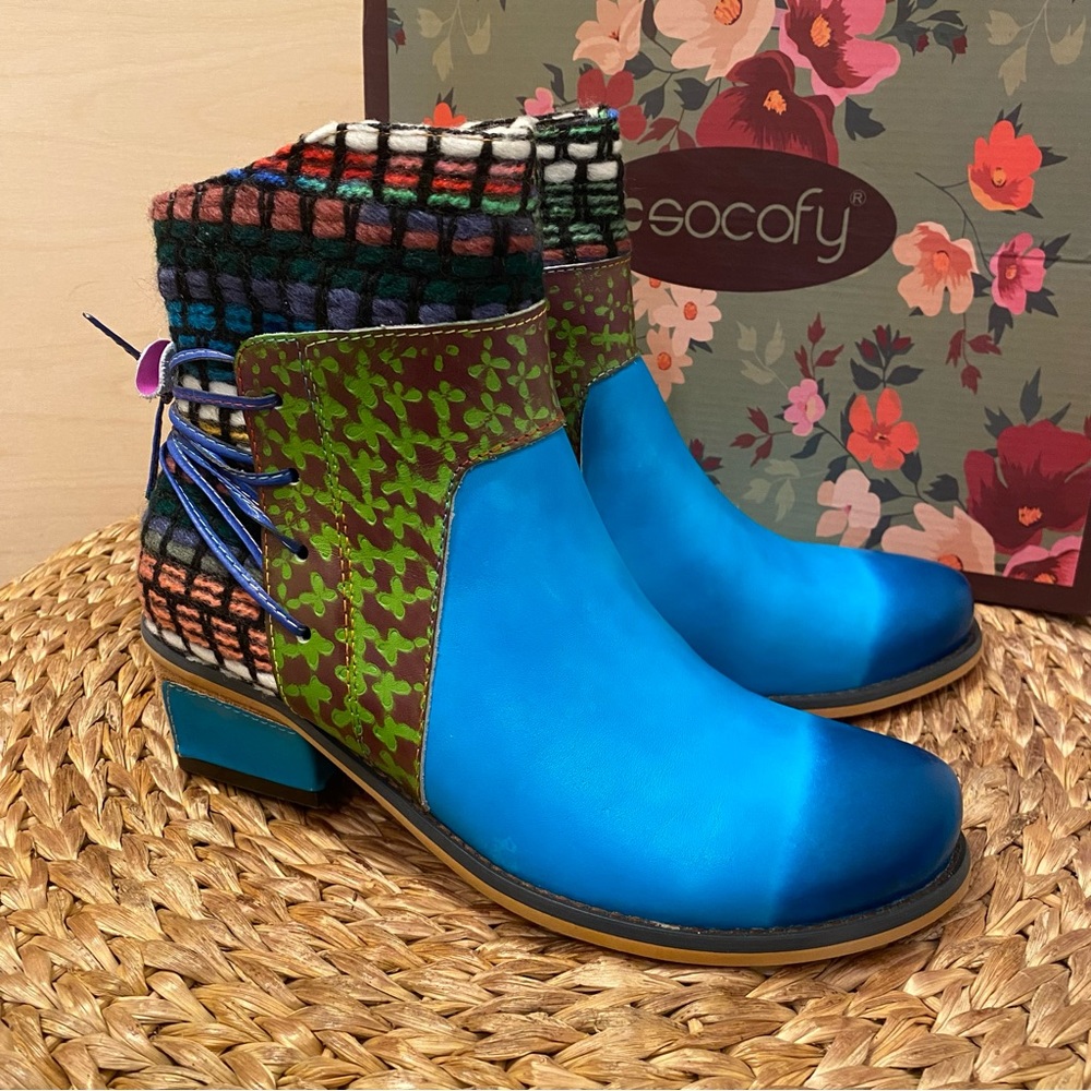 NEW Socofy Blue Woven Boho Boots Size 40 Size 9 Vegan Leather